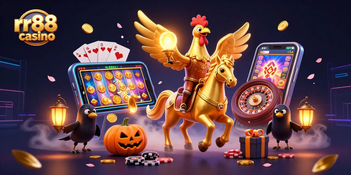 Play thrilling games at rr88 casino, featuring a golden rooster amidst a vibrant casino scene.
