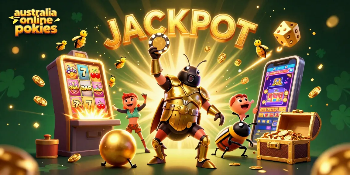 Engage with the exciting world of australia online pokies as a cartoon hercules beetle celebrates a jackpot.