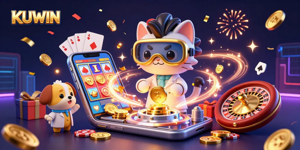 KUWIN captivates players with a vibrant 3D casino scene showcasing exciting games and golden rewards.