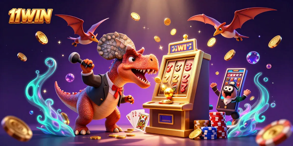 Witness the excitement of 11WIN as a dinosaur and casino characters celebrate jackpot wins!