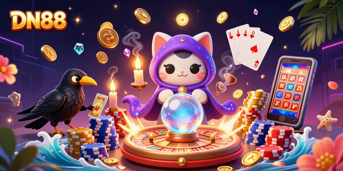 Experience thrilling gameplay at DN88 with a vibrant 3D casino scene showcasing fortune teller, tarot elements, and casino games.