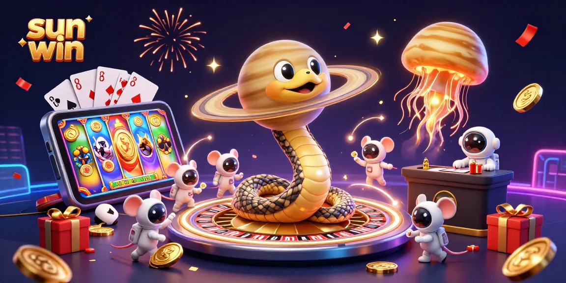 Engage in thrilling gameplay with sun win, featuring vibrant cosmic characters around a roulette wheel.
