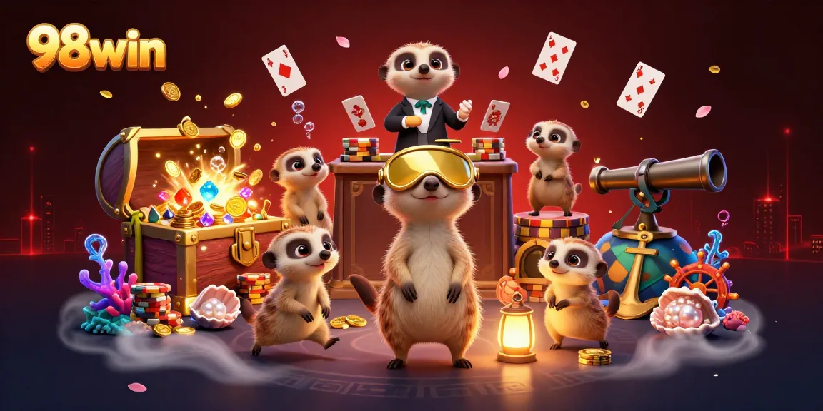 Experience excitement at 98win casino with meerkats managing a vibrant gambling scene, showcasing thrilling animations.