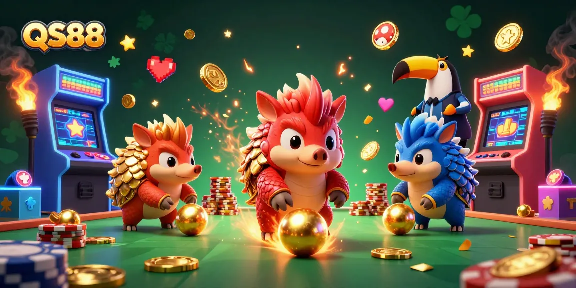 QS88 captivates players with colorful pangolins and poker chips in this vibrant casino scene.