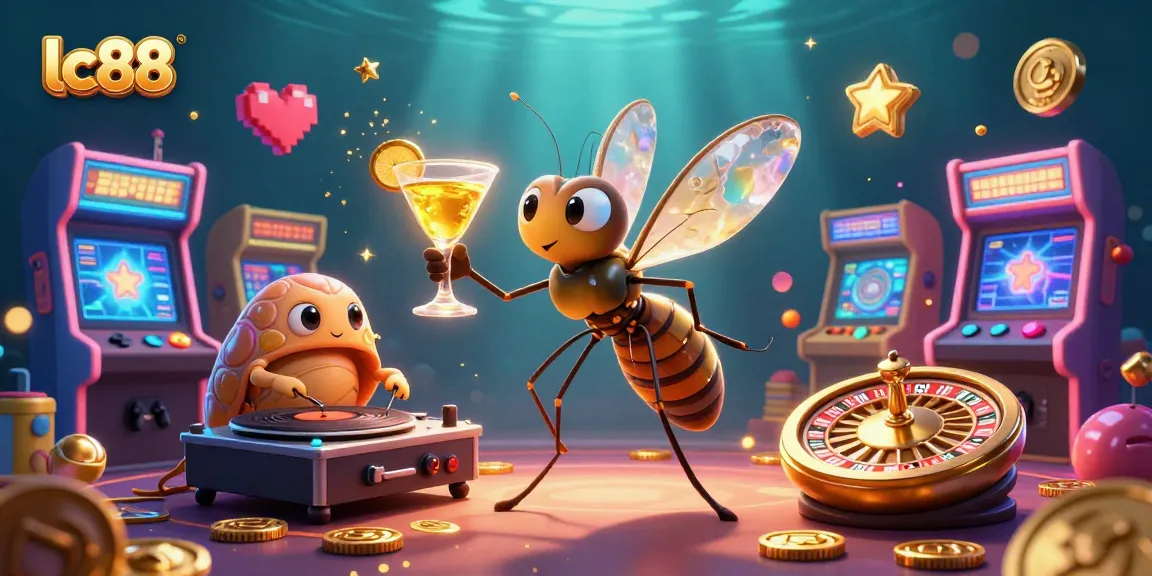 Join the excitement at lc88 as a frozen mosquito mascot enjoys a golden cocktail amidst dynamic casino elements.