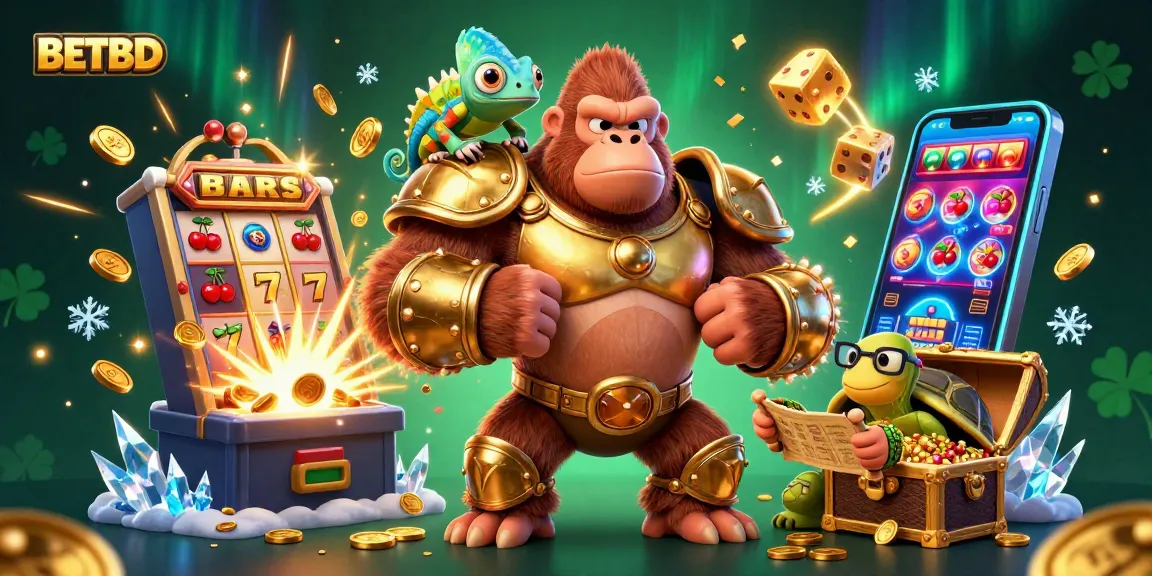 Join the excitement of BETBD with a vibrant 3D illustration of a gorilla king, chameleon, and tortoise showcasing thrilling casino elements.