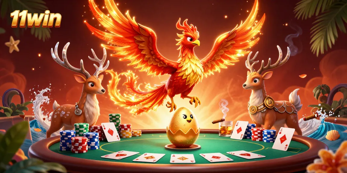 Engage in thrilling poker with the mesmerizing 11WIN scene featuring a phoenix and gaming elements.