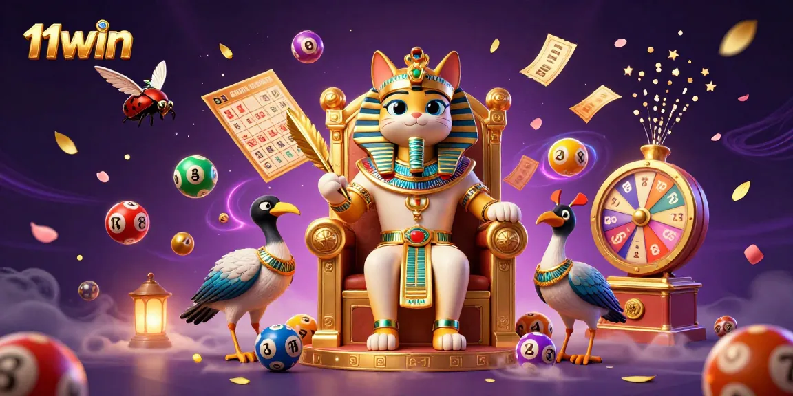 Engage with the vibrant world of 11WIN, featuring a pharaoh cat and dynamic lottery elements.