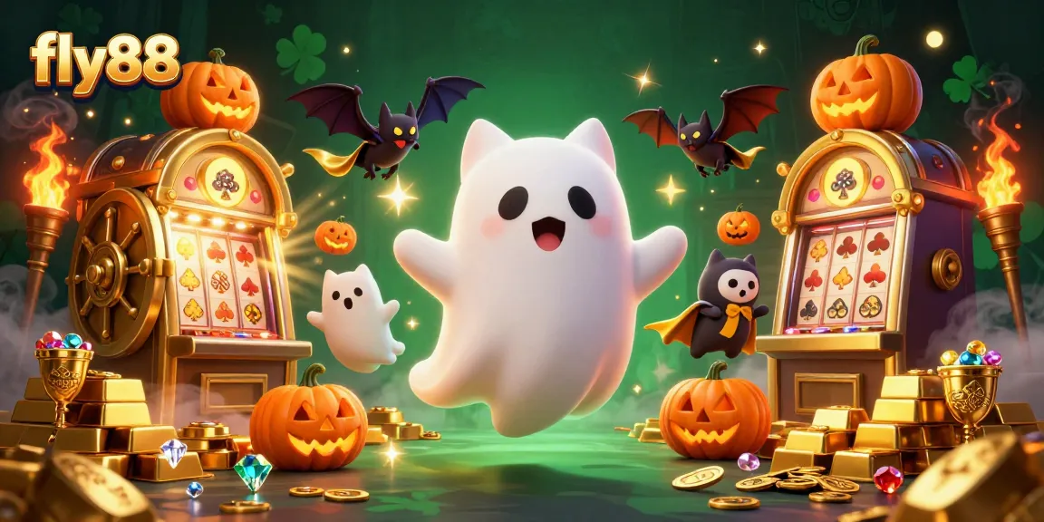 Experience excitement at fly88 with a ghost cat and bat in a haunted casino scene.