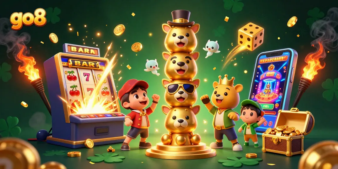Experience the excitement of go8 with a dynamic, colorful casino-themed 3D illustration full of game elements.