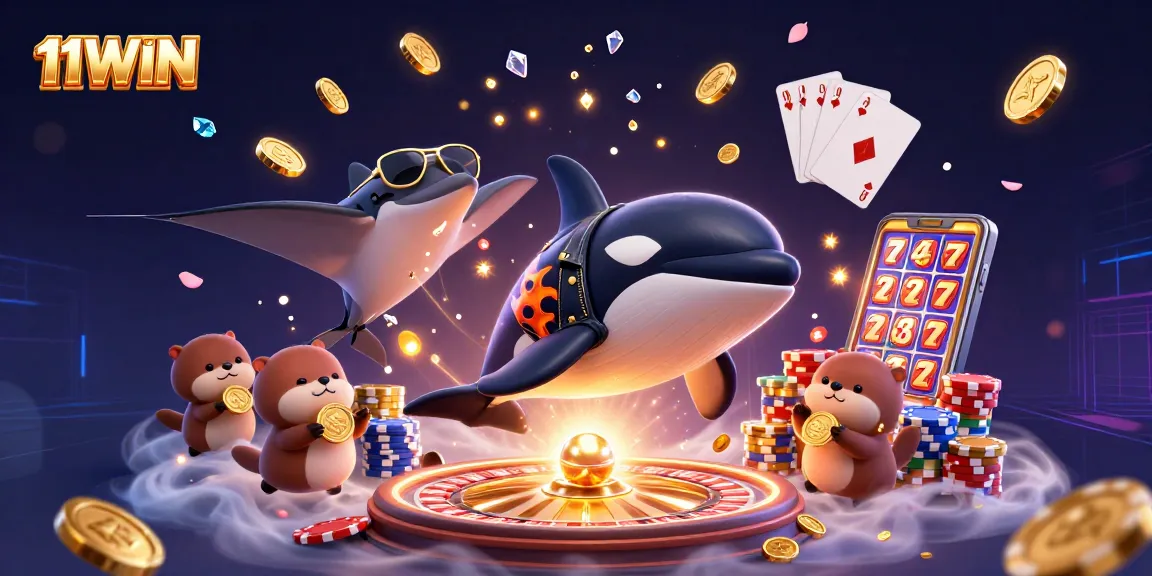 11WIN engaging players in a thrilling casino adventure with vibrant characters and sparkling elements.