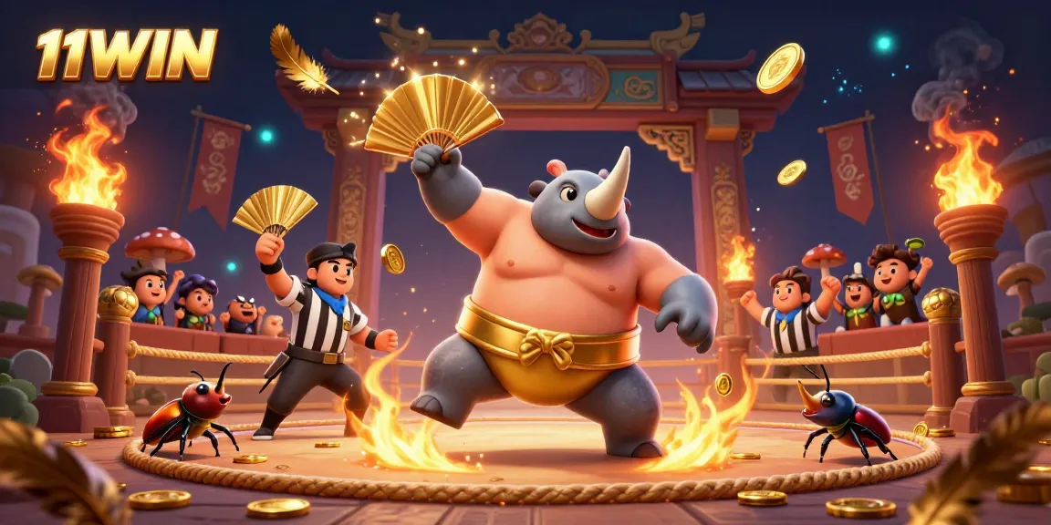 Experience the thrilling action of 11WIN as a sumo beetle champion stomps coins in a vibrant casino arena.