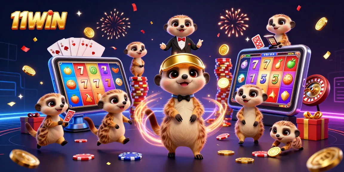 11WIN illustrates meerkats running a vibrant casino, showcasing colorful slots and chips in action.