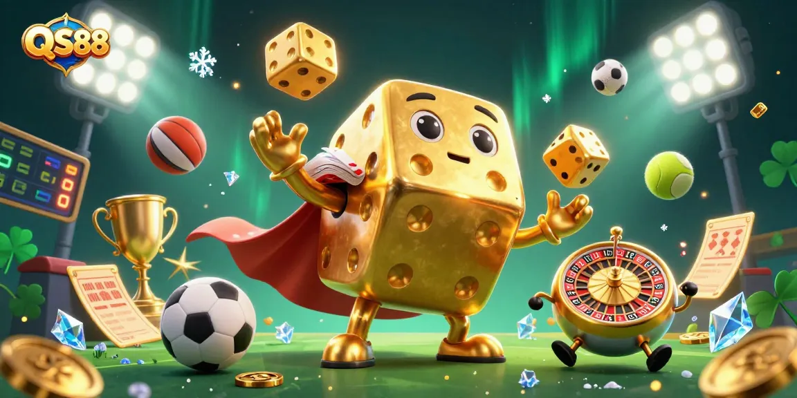 Experience excitement at QS88 with our vibrant 3D casino illustration showcasing dynamic sports betting elements.