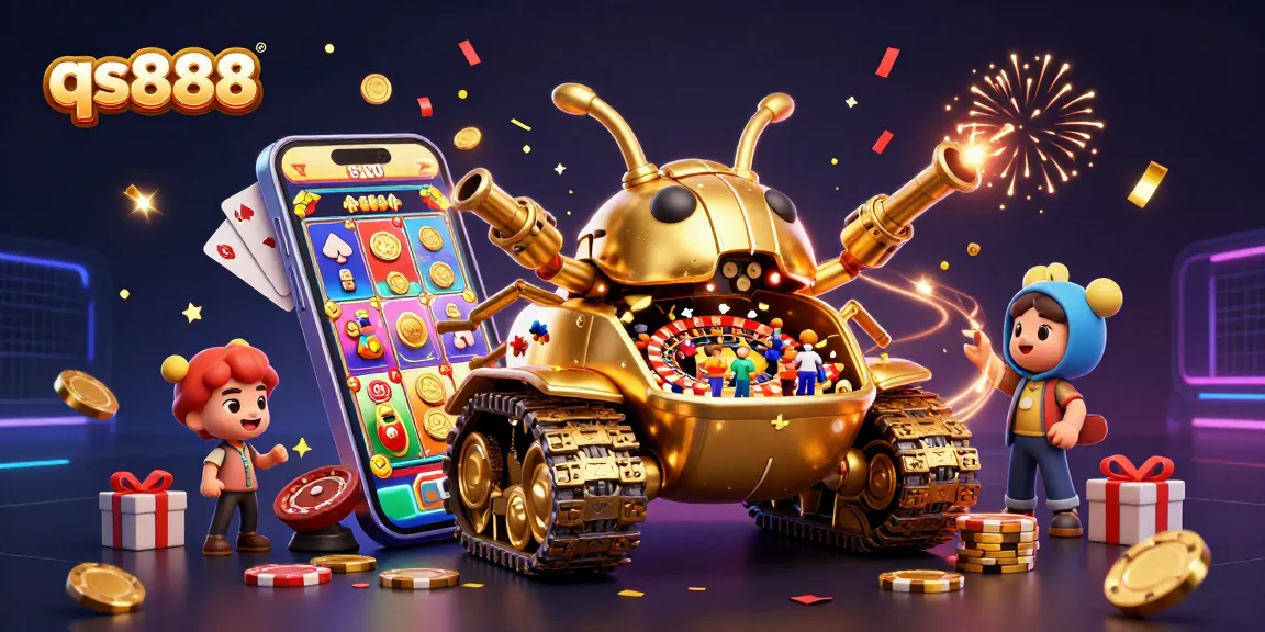 Experience the excitement of qs888 with a golden beetle tank casino scene, coins, and slot game action!