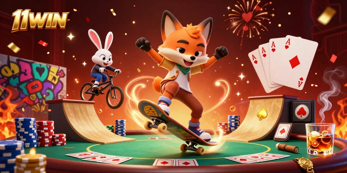 The 11WIN gaming scene showcases a spirited fox and rabbit performing tricks in a vibrant casino world.